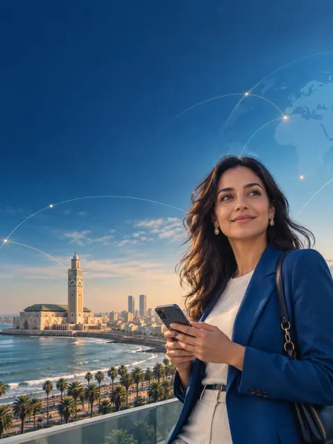 Illustration promotionnelle : une femme avec son téléphone devant la mosquée Hassan II