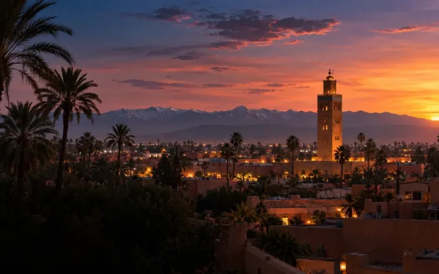 Les toits de Marrakech et la Koutoubia au coucher du soleil