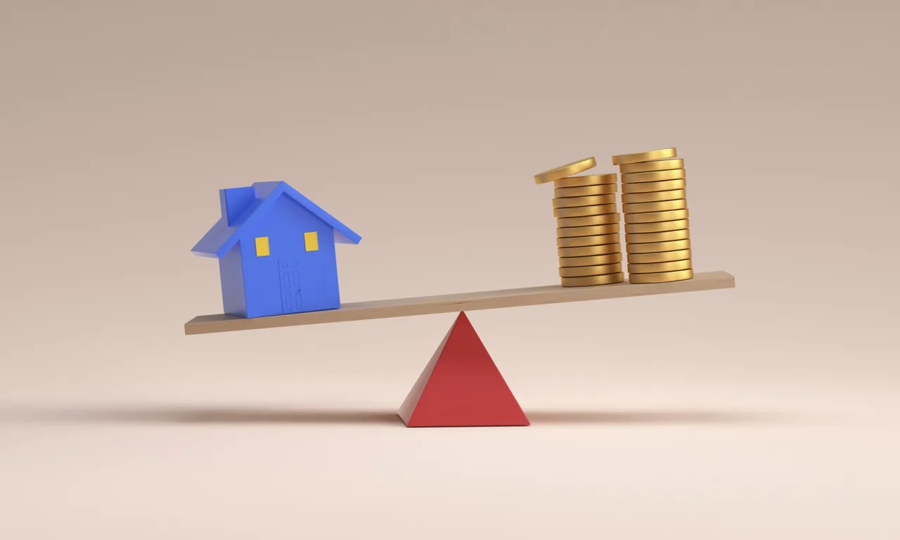 Une maison et des piles de pièces sur une balance, illustration immobilière