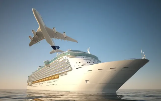 Illustration réunissant un avion, un bateau et des valises